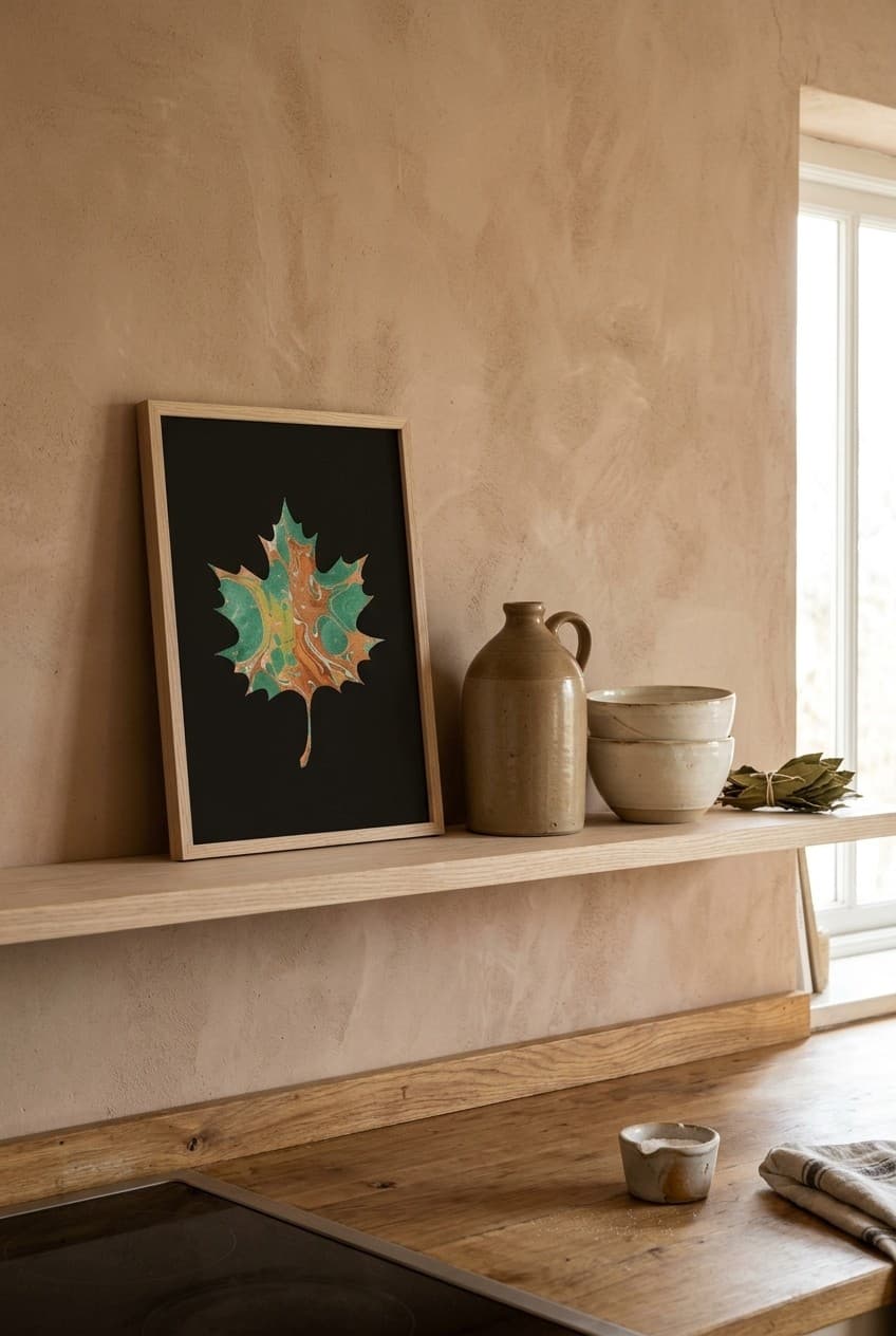 Gerahmtes grün-oranges Ebru-Blatt auf einem Küchenregal
