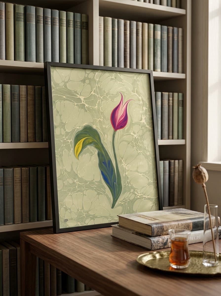 Gerahmte Ebru-Tulpe vor einem Bücherregal