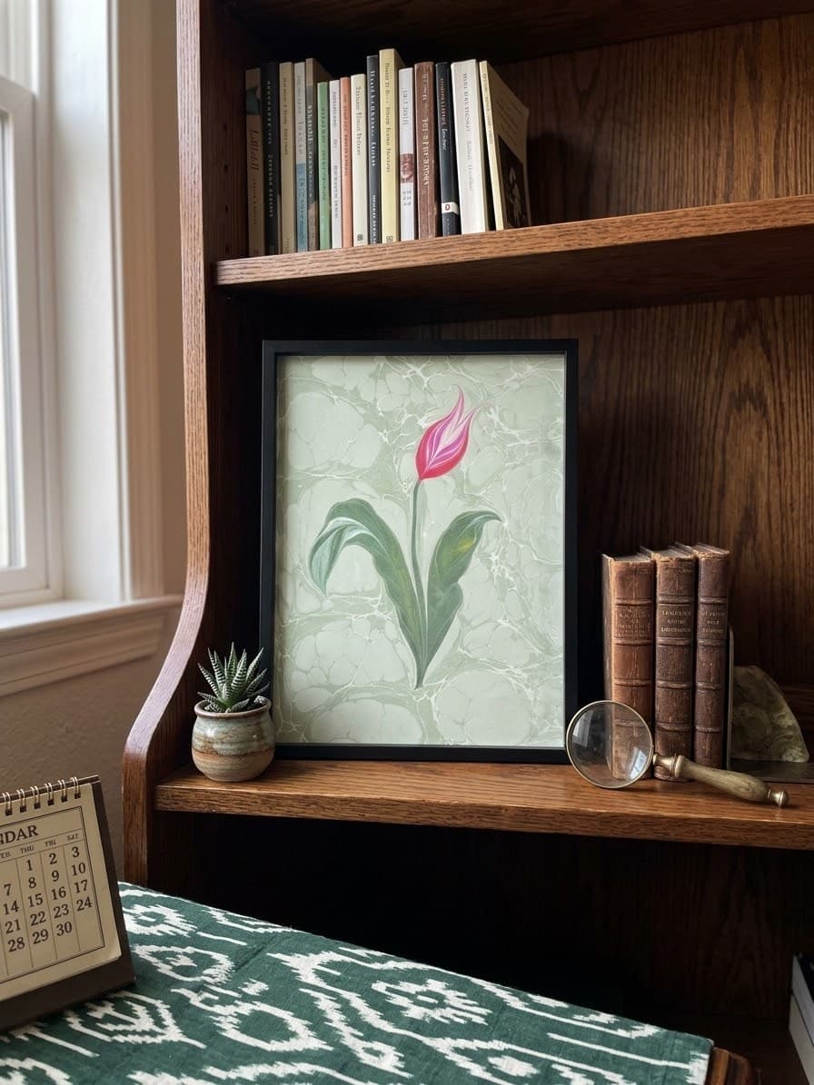 Gerahmte Ebru-Tulpe in einer Bücherregal-Nische