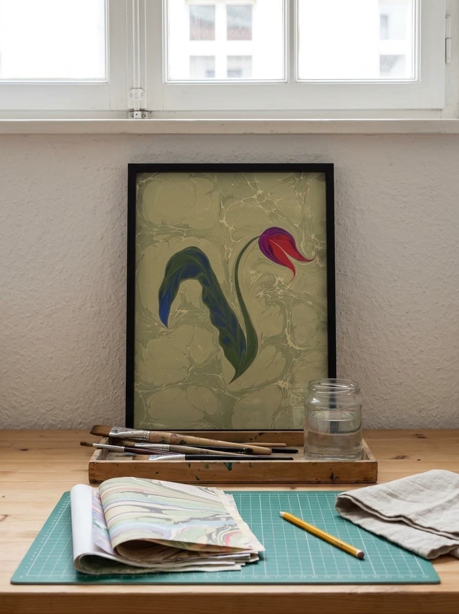 Gerahmte Ebru-Tulpe auf einem Werktisch